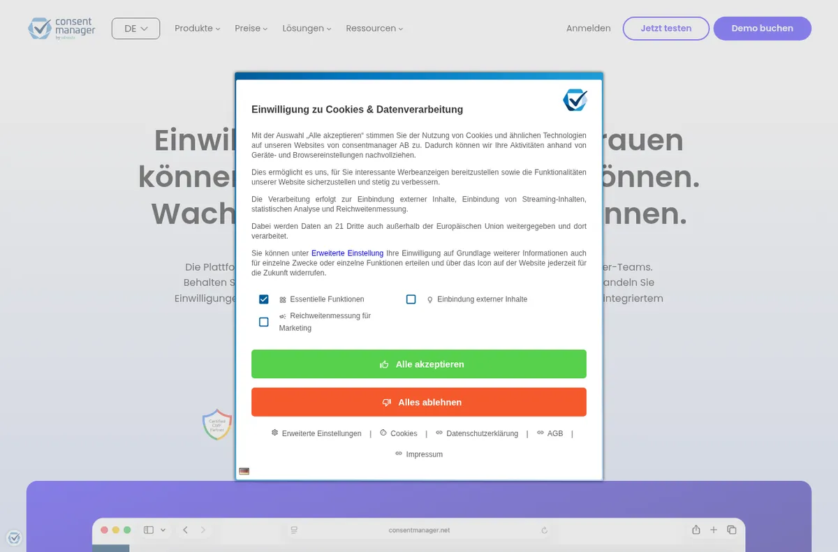 Banner von consentmanager, erste Ebene: Erklärtext mit Zahl der Dritten, „Alle akzeptieren“ und „Alles ablehnen“ gleich groß