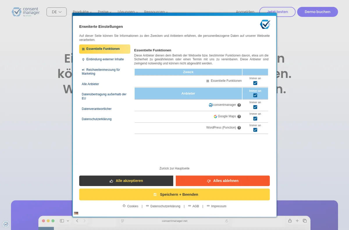 Banner von consentmanager, zweite Ebene mit Einstellungen je Zweck