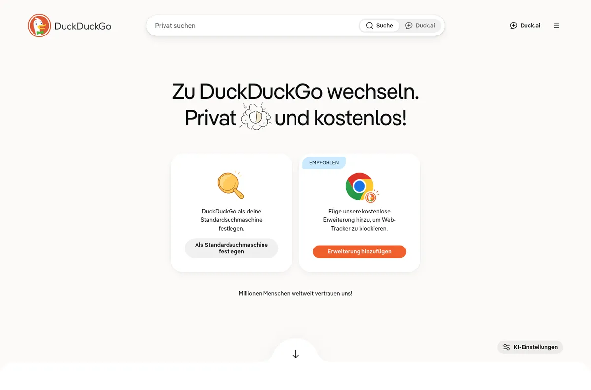 DuckDuckGo: Startseite ohne Consent-Banner