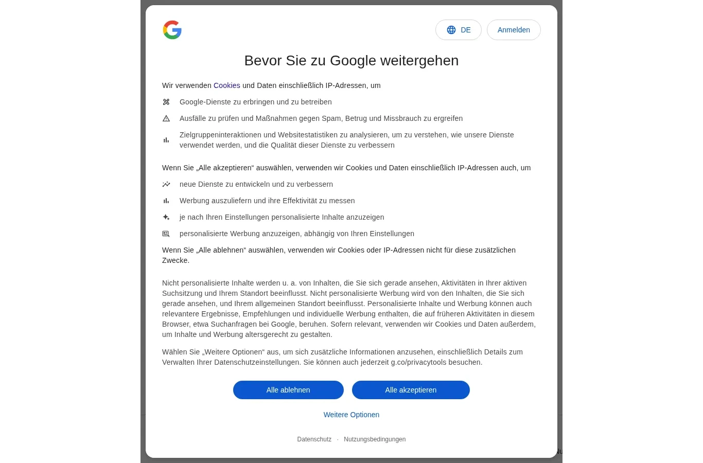 Google: „Bevor Sie zu Google weitergehen“ – Zwecke in Klartext, „Alle ablehnen“ und „Alle akzeptieren“ gleich gestaltet