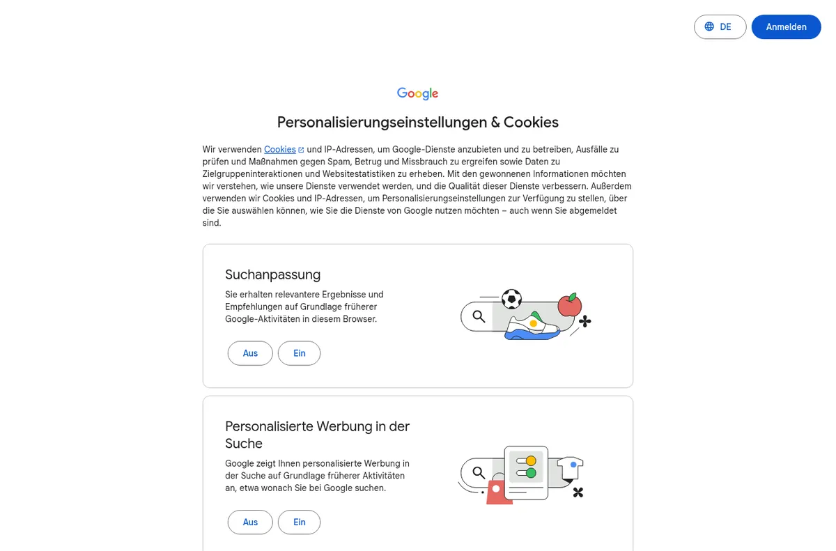 Google, zweite Ebene: einzelne Einstellungen, nichts vorausgewählt