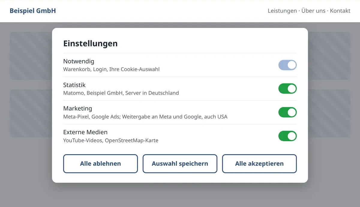 Nachgestelltes Beispiel, so nicht: Einwilligungen sind vorausgewählt