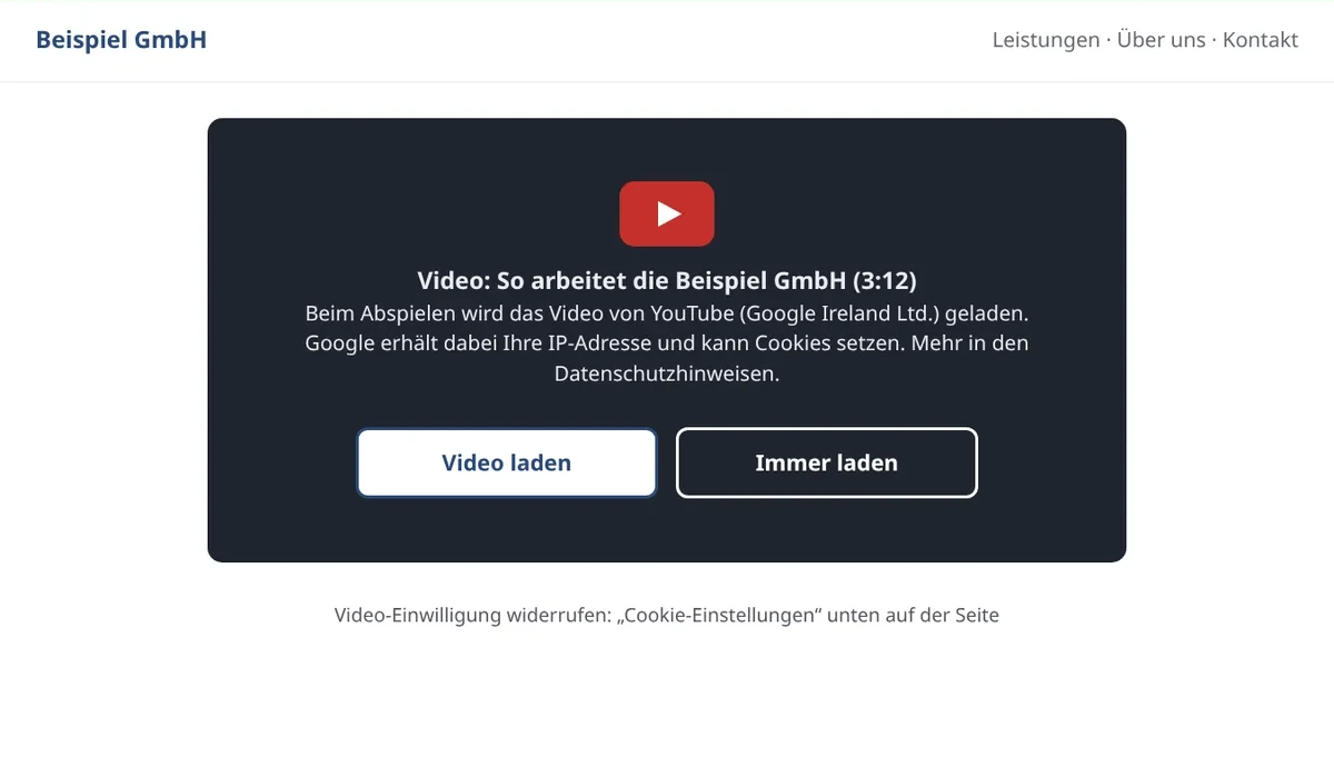 Nachgestelltes Beispiel, so geht es: Video lädt erst nach Klick