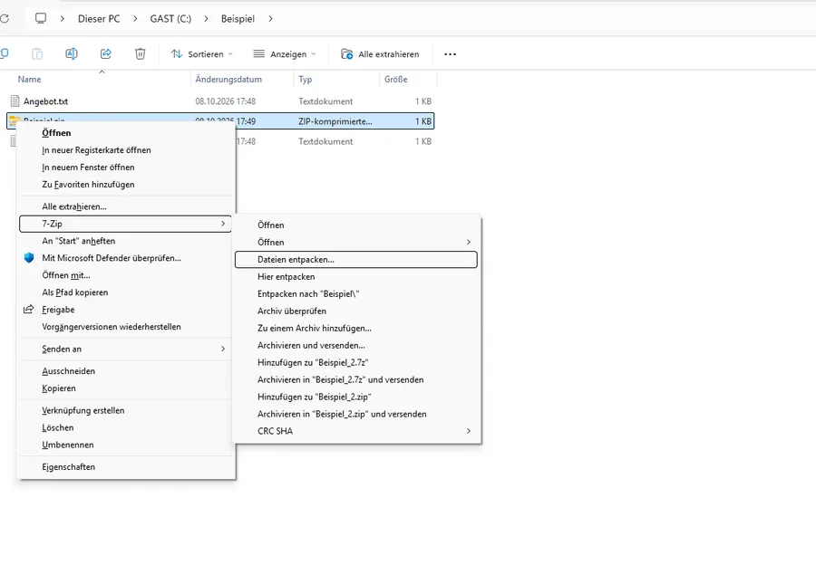 Erweitertes Kontextmenü: 7-Zip → Dateien entpacken