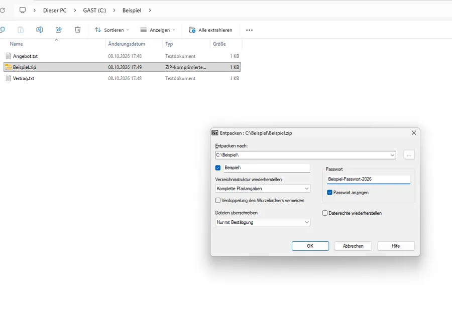 Dialog „Entpacken“ mit Zielordner und Passwortfeld