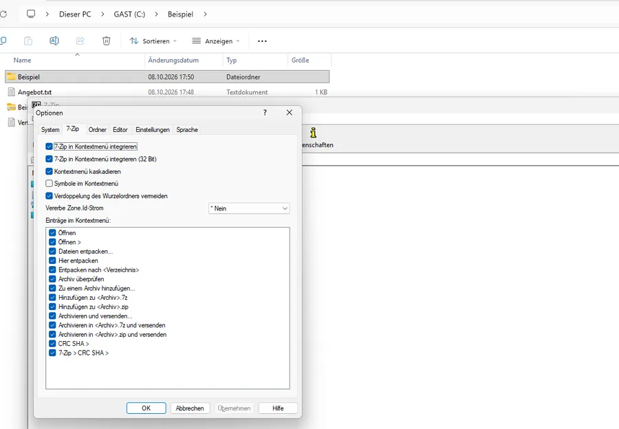 7-Zip-Optionen, Reiter 7-Zip: Einträge im Kontextmenü