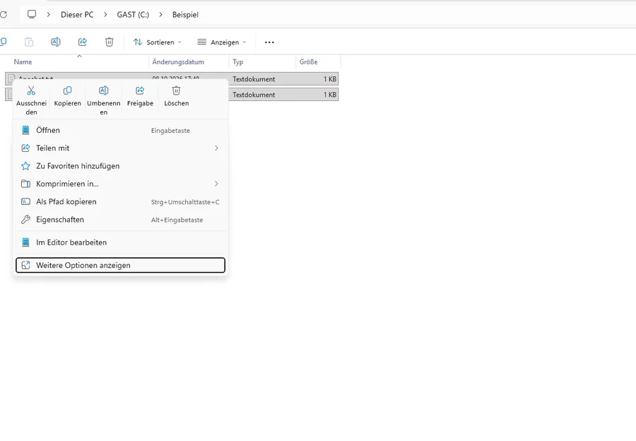 Kurzes Windows-11-Kontextmenü, unten „Weitere Optionen anzeigen“