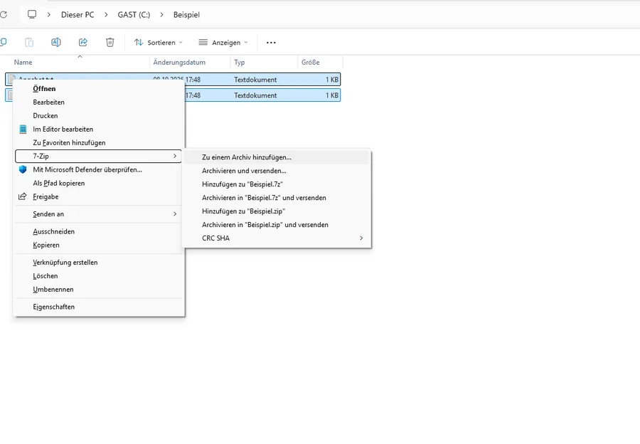 Erweitertes Kontextmenü: 7-Zip → Zu einem Archiv hinzufügen
