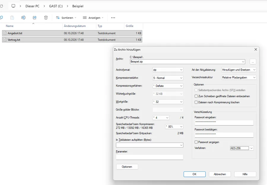 Dialog „Zu Archiv hinzufügen“: Format zip, Verfahren AES-256, Passwort zweimal